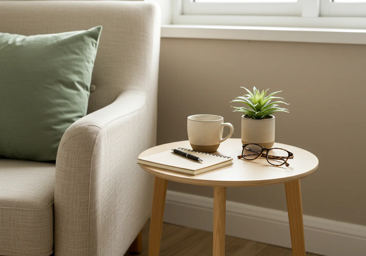 Detalhe do consultório: poltrona e mesa lateral